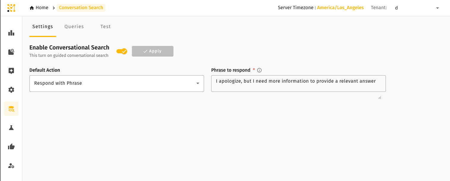 Conversation Search — Settings tab with the enable toggle, default action, and fallback phrase