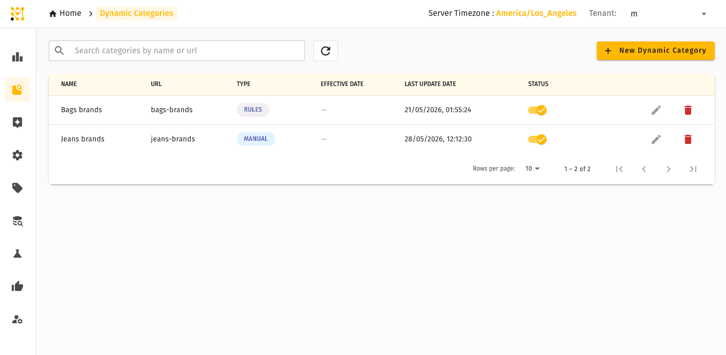 Dynamic Categories list — saved query categories with their conditions and status