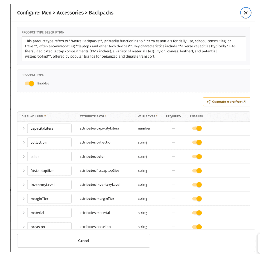 Attribute configuration panel showing attribute paths, value types, and enable toggles per product type
