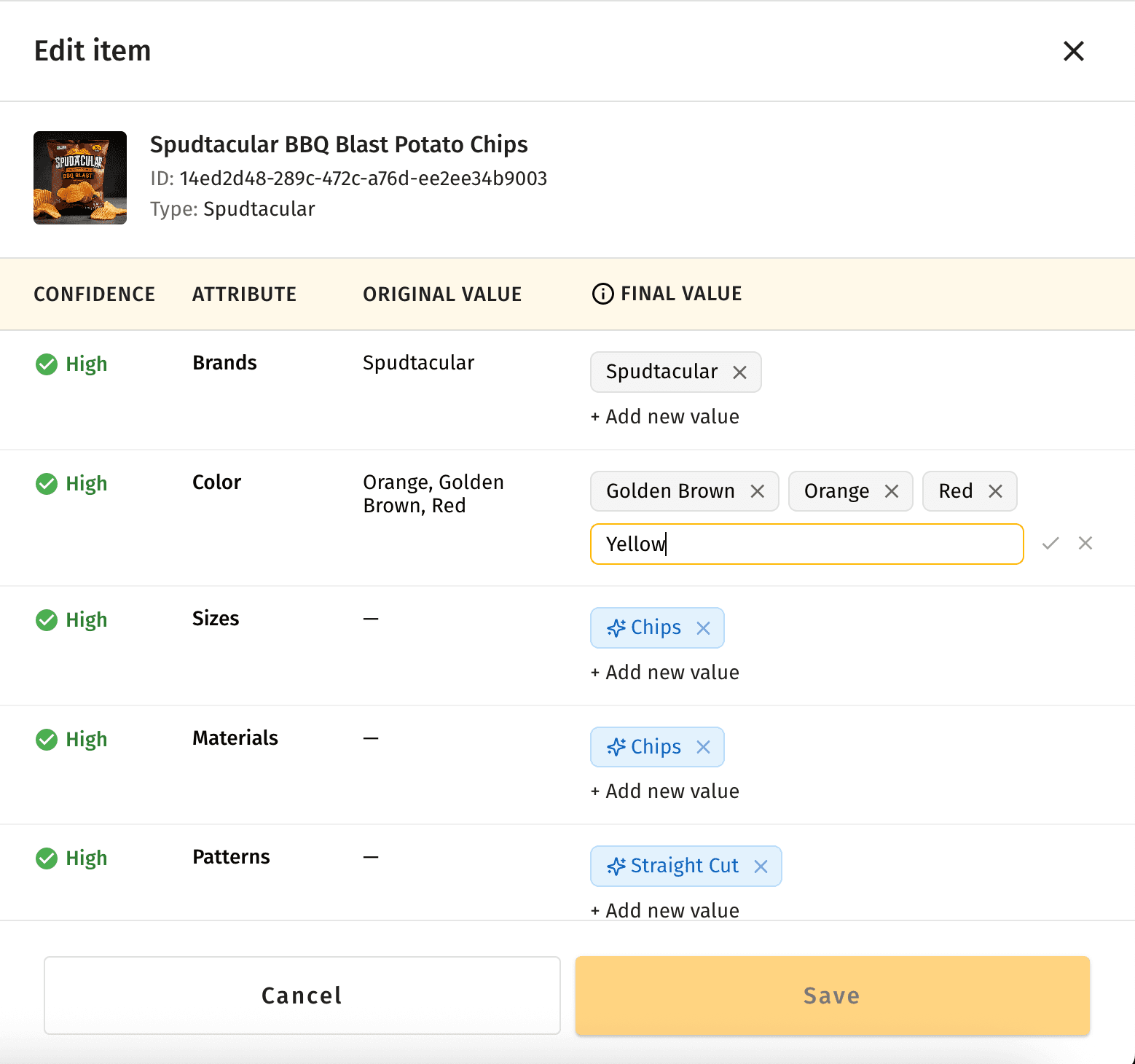 Edit item panel — shows original value and editable final values per attribute
