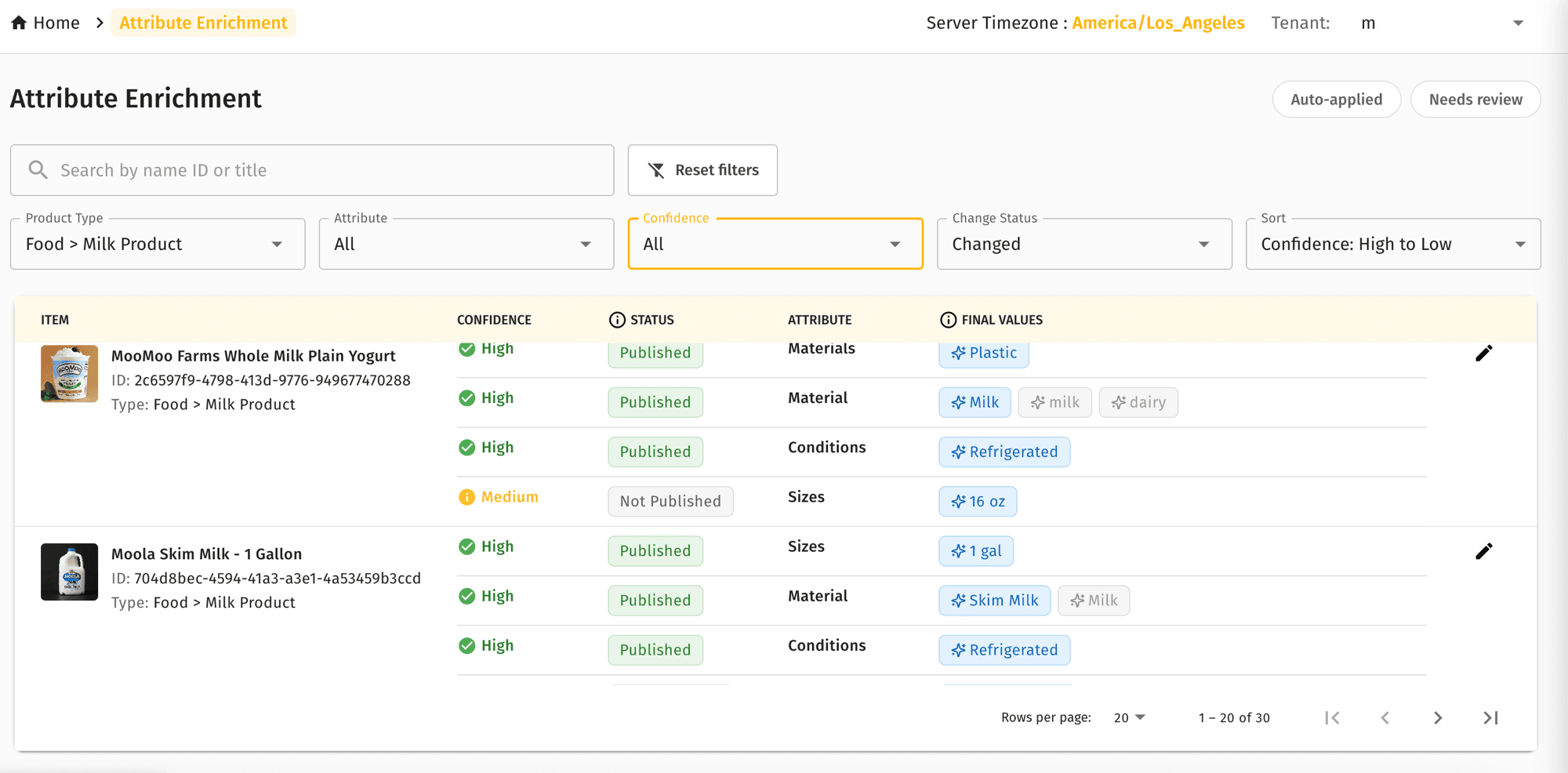 Attribute Enrichment review screen — product list with confidence scores, publish status, and final values