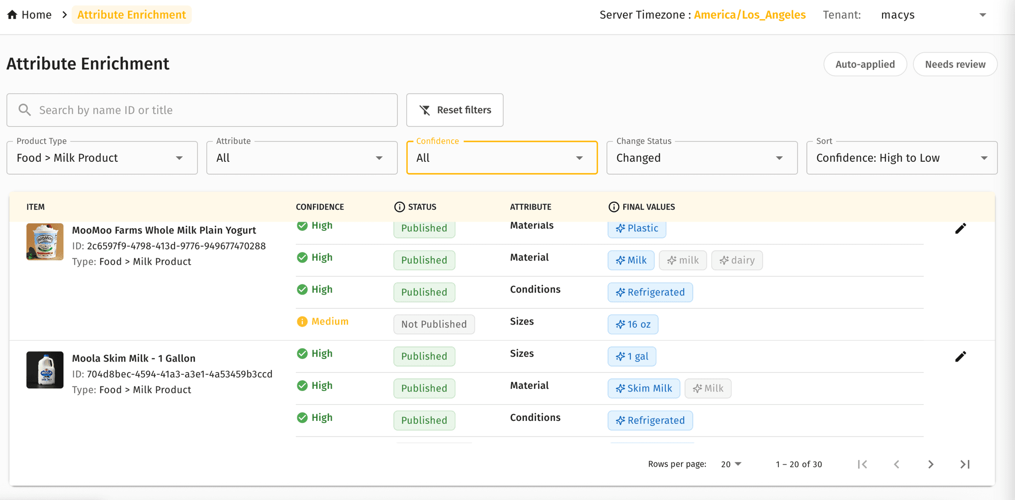 Attribute Enrichment review screen — product list with confidence scores, publish status, and final values