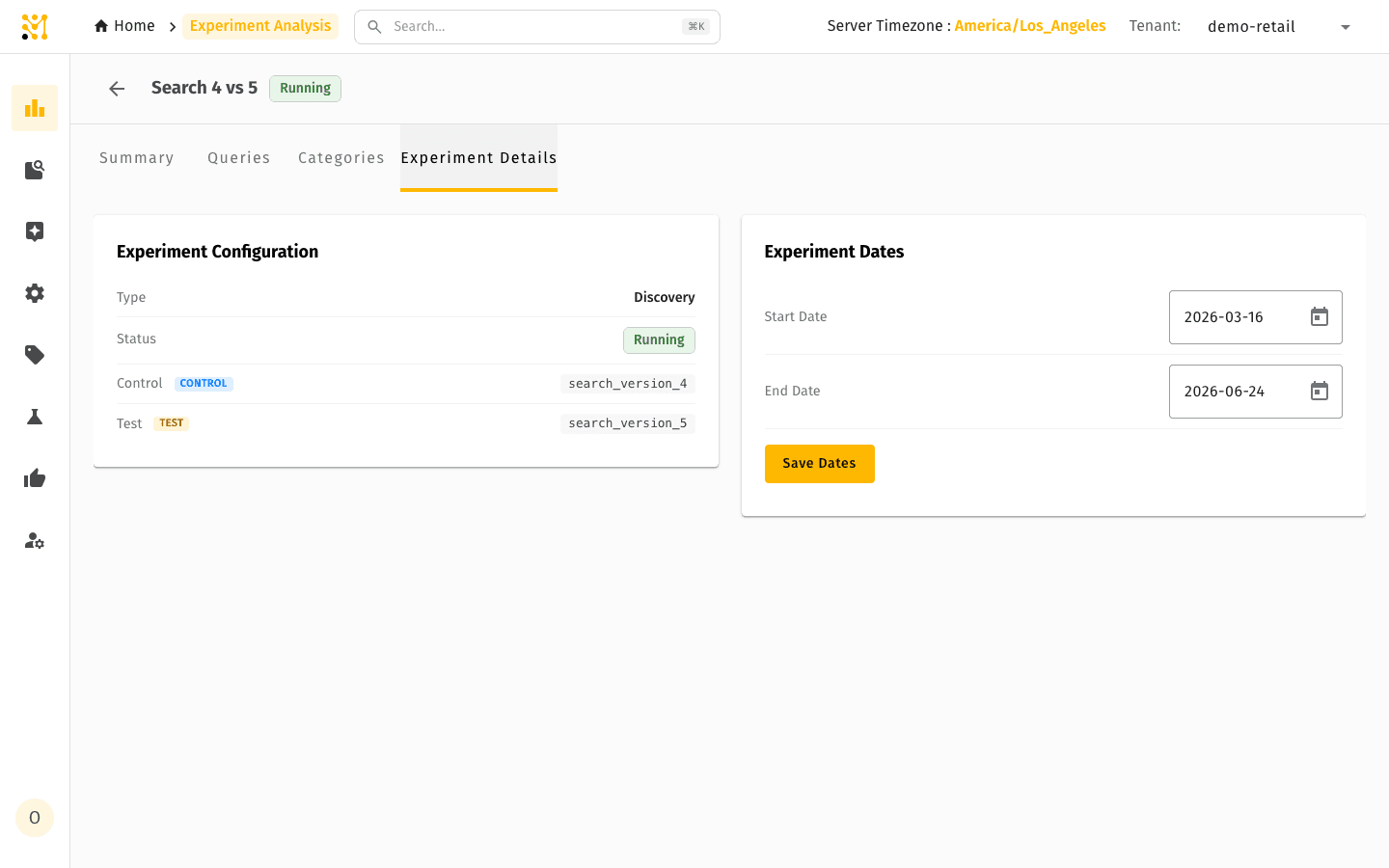 Experiment Details — configuration card showing type, status, control and test arms, and editable start/end dates