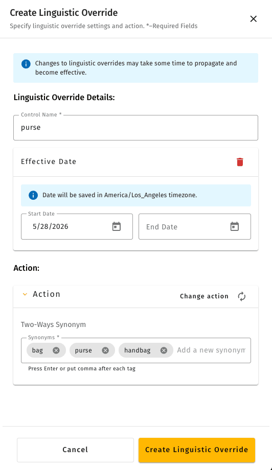 Create Linguistic Override dialog — choosing the override type and entering equivalent terms