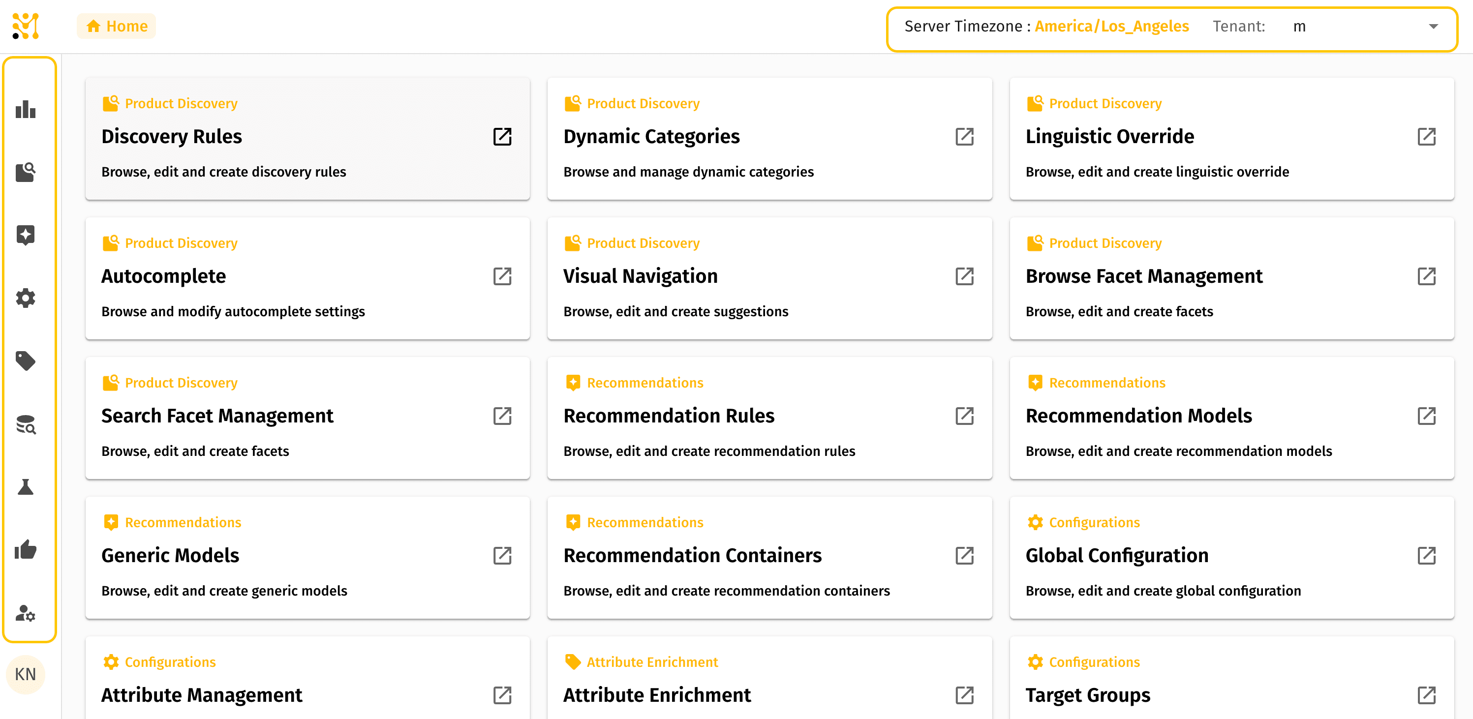 Left sidebar and top-right context bar — primary navigation menu, tenant selector, and server timezone