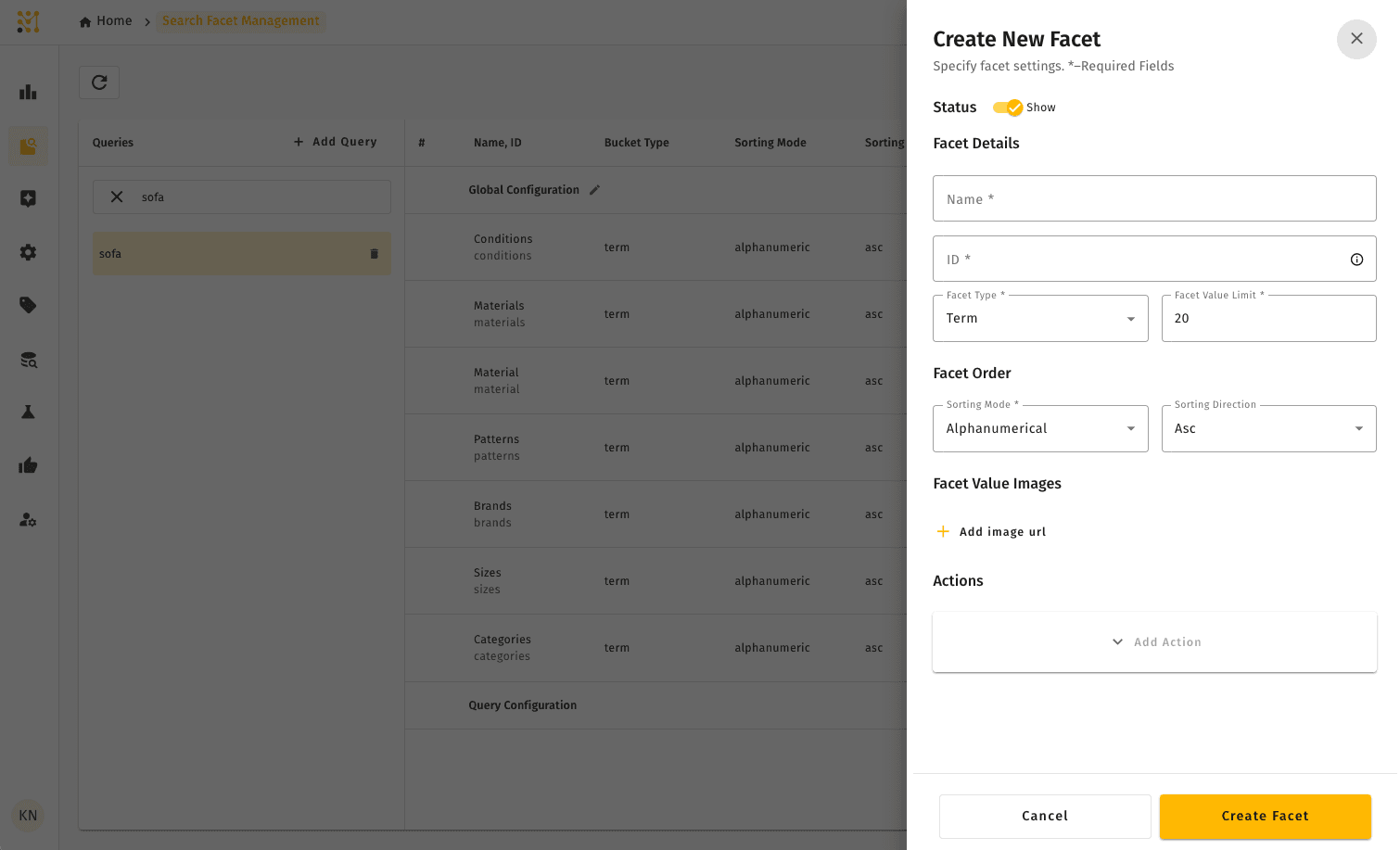 Create New Search Facet dialog — selecting an attribute and configuring its display options