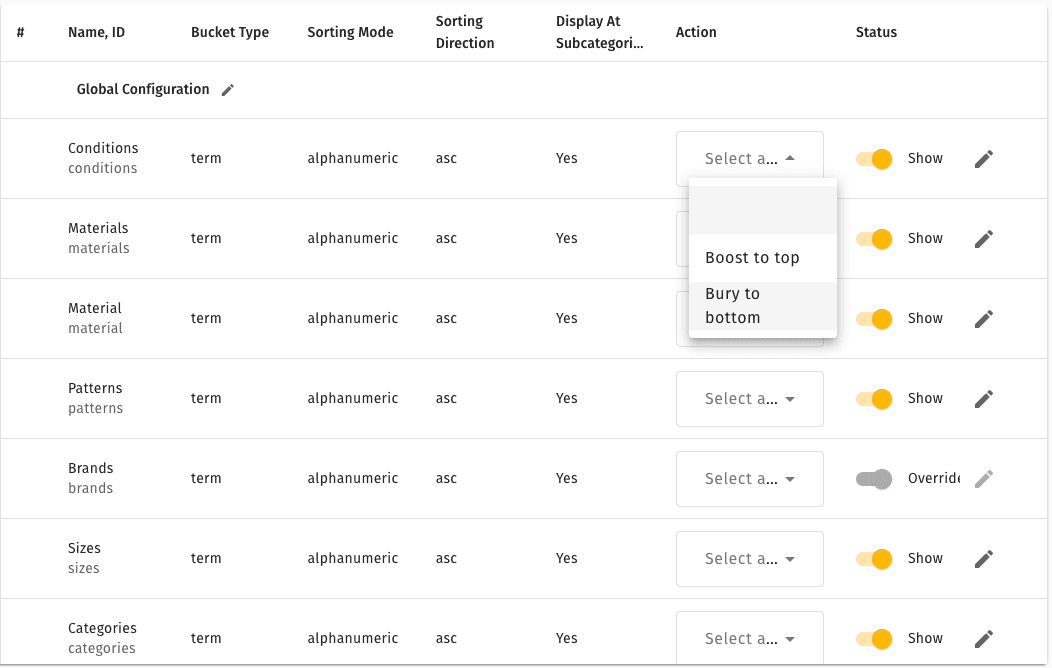 Browse Facet Management — row actions for editing or reordering an individual facet