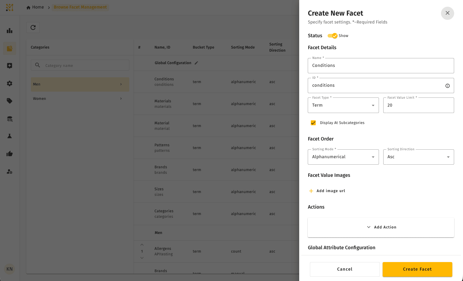 Create New Facet dialog — selecting an attribute and configuring its facet behavior