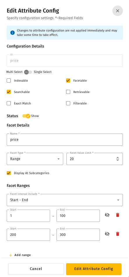 Edit Attribute Config panel for the price attribute with behavior flags, Facet Details, and Facet Ranges sections