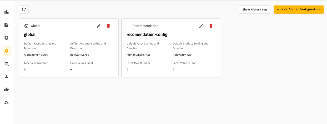 Global Configuration list view with cards summarizing default sorting, facet limits, and per-record actions for editing or deleting