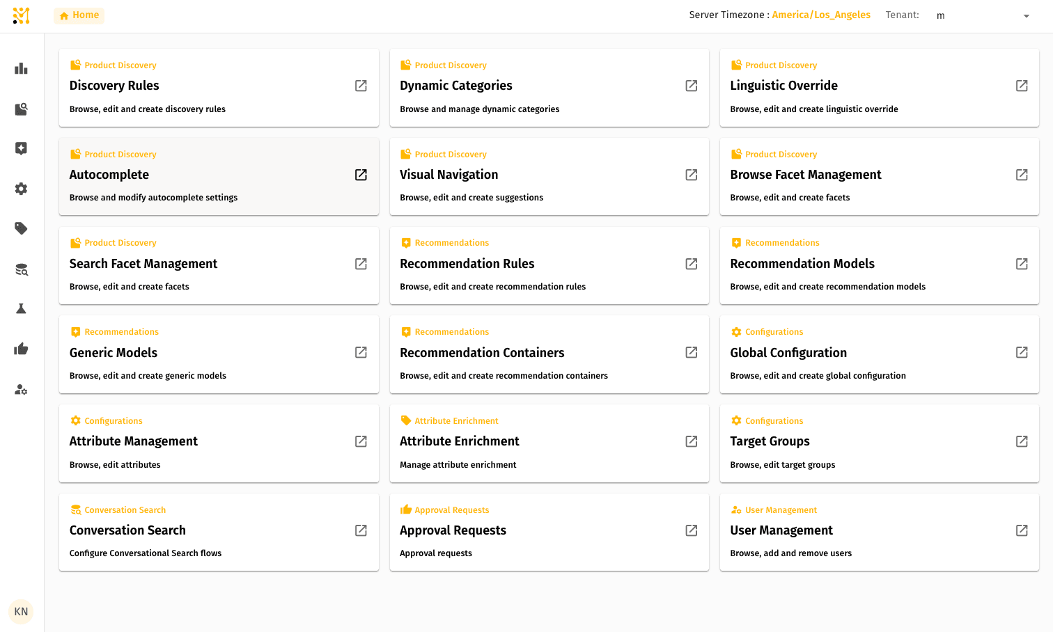Merch Module UI — full home dashboard with tiles grouped by section