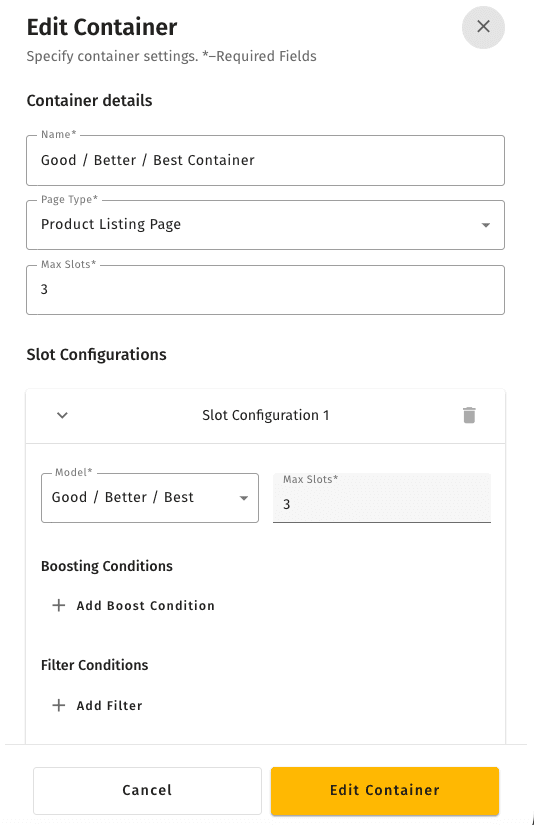 Recommendation Container editor — setting the placement and assigning models