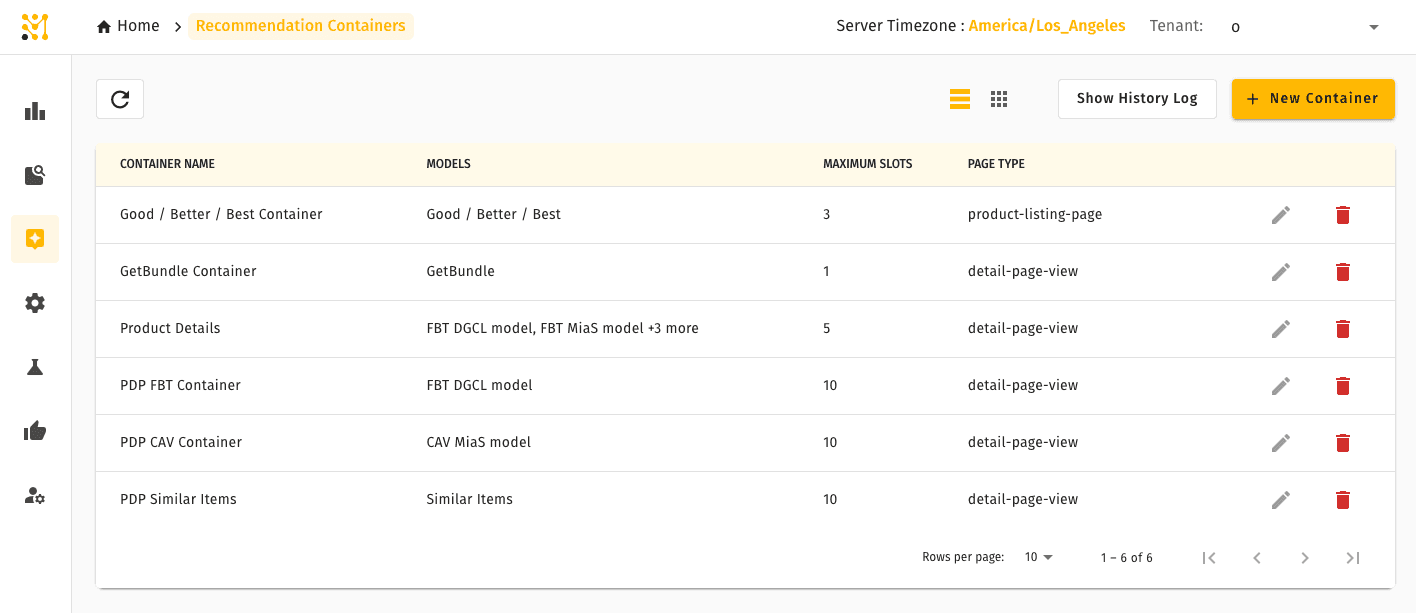 Recommendation Containers in MXP UI — each row shows the container name, placement, and assigned models