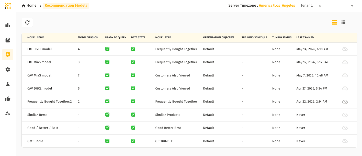 Recommendation Models in MXP UI — each model shows its type and serving status