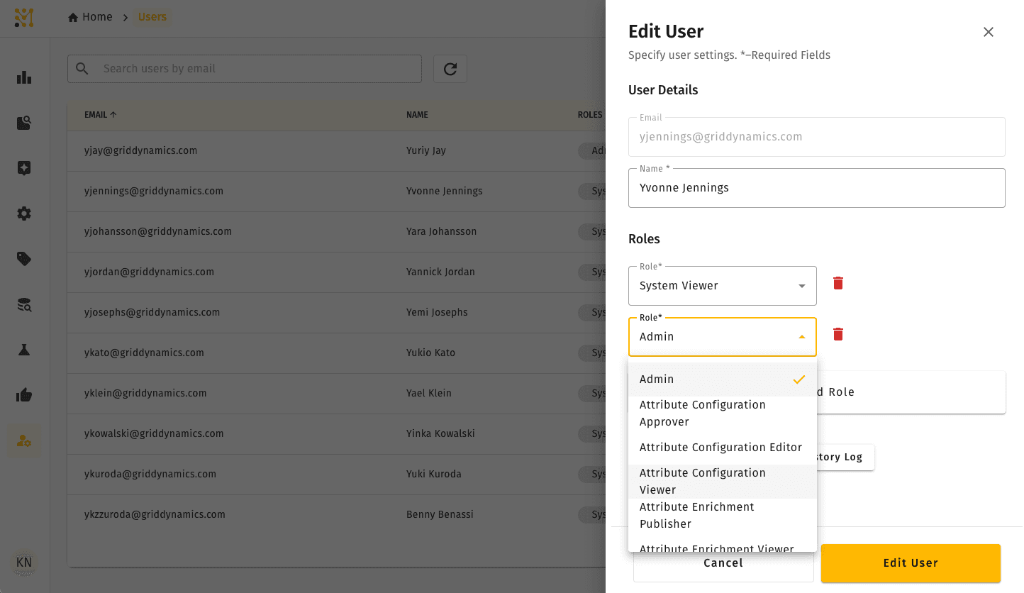 Edit User panel showing the same user with two roles assigned (Admin and System Editor) and the + Add Role button below