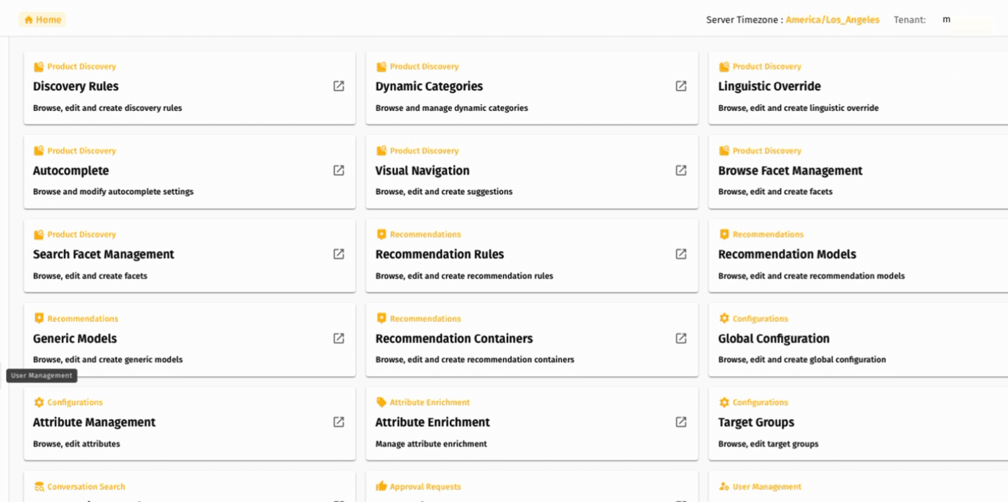 MXP home dashboard with the User Management tile highlighted in the bottom-right of the tile grid