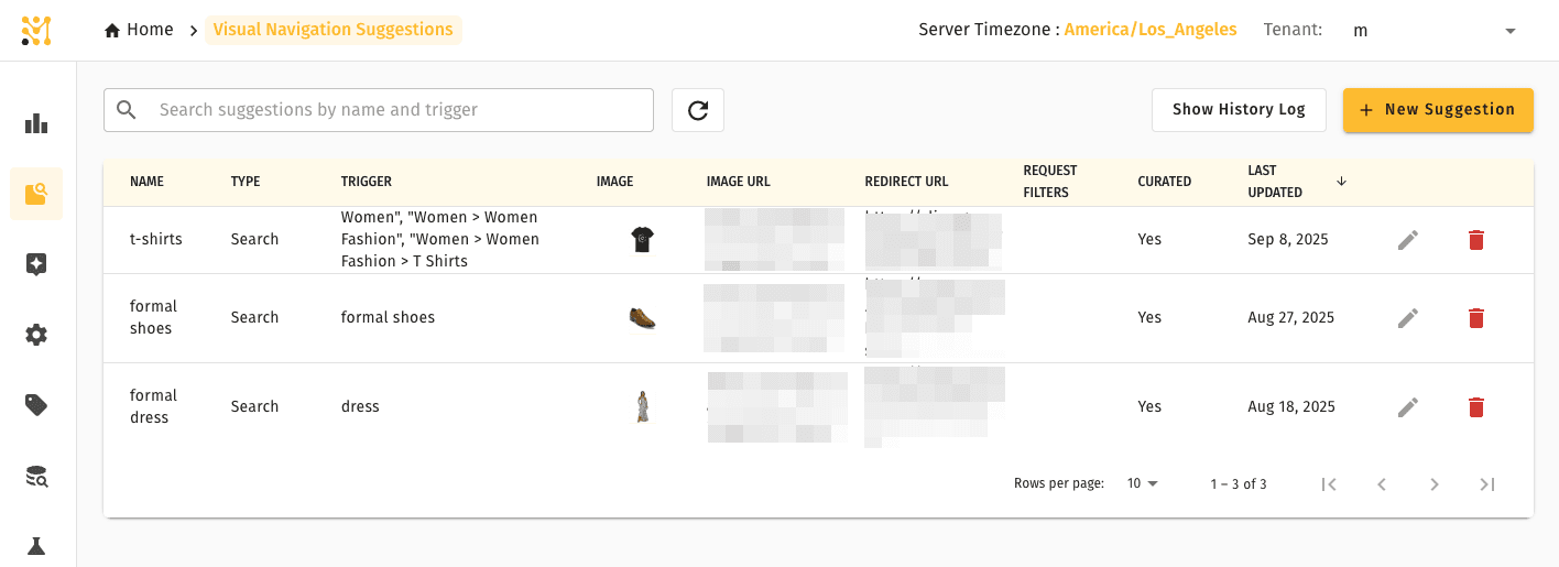 Visual Navigation Suggestions — list of configured image-and-label cards with trigger and destination